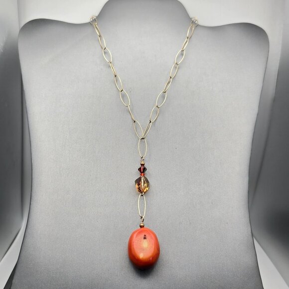 VTG 14K Gold Filled Natural Coral Y Drop Necklace 16" Paperclip Chain w/ Crystal - Picture 2 of 16